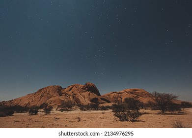 Night Shot Of The Namibian Desert Near Spitzkoppe, Under A Clear Starry Southern Sky.