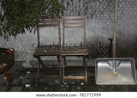 Night Shot Wooden Chairs Snow Shovel Stock Photo Edit Now