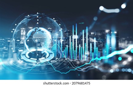 Night Singapore city skyscrapers. Forex financial rising graph and chart with bar diagrams that illustrate investment management on stock market. Concept of international internet trading - Shutterstock ID 2079681475