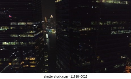 Night Singapore Top View Panoramic Landscape. Shot. Top View Of Office Buildings In Singapore At Night. Singapore Night Life View