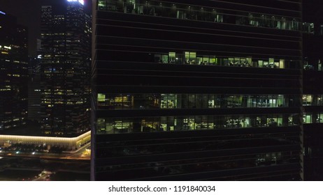 Night Singapore Top View Panoramic Landscape. Shot. Top View Of Office Buildings In Singapore At Night. Singapore Night Life View