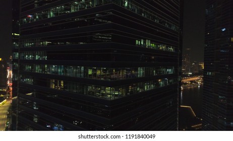 Night Singapore Top View Panoramic Landscape. Shot. Top View Of Office Buildings In Singapore At Night. Singapore Night Life View