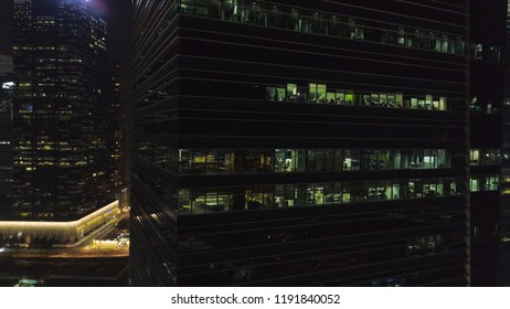 Night Singapore Top View Panoramic Landscape. Shot. Top View Of Office Buildings In Singapore At Night. Singapore Night Life View