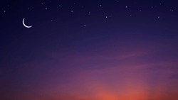 Night Sky Background With Crescent Moon And Stars On Dark Blue Twilight Sky With Copy Space For Editing Arabic Text, Ramadan Kareem, Eid Al Adha, Eid Al Fitr, Mubarak, Islamic New Year