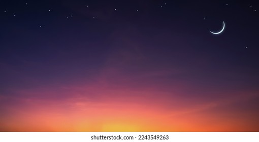 Night Sky background with Crescent Moon and stars on beautiful romantic twilight sky with copy Space for editing arabic text, Ramadan kareem, Eid al Adha, Eid al fitr, Mubarak, Islamic New Year