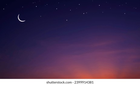 Night Sky background with Crescent Moon and stars on dark blue twilight sky with copy Space for editing arabic text, Ramadan kareem, Eid al Adha, Eid al fitr, Mubarak, Islamic New Year