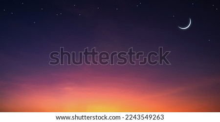 Night Sky background with Crescent Moon and stars on beautiful romantic twilight sky in widescreen view