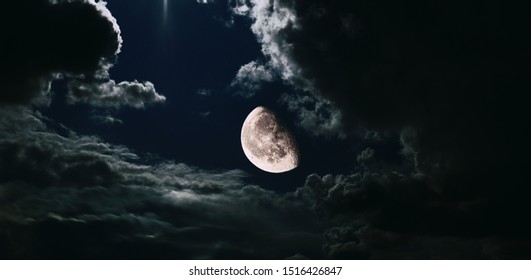 Night Sky With A Big Moon And Clouds. Fantasy View On Mystic Clouds Night Scape With Moon.