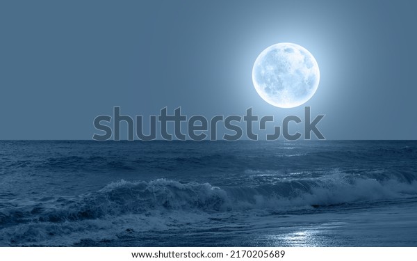 Night sky with blue moon in the clouds over the calm\
blue sea, many sytars in the background  \