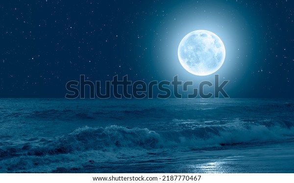Night sky with blue moon over the  blue sea, many\
sytars in the background  \