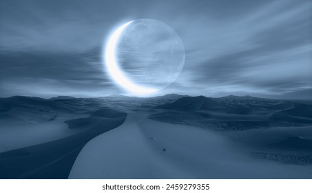 Night sky with crescent moon in the clouds on the foreground hot desert (sand dune) "Elements of this image furnished by NASA  - Powered by Shutterstock