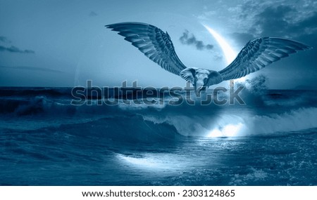 Night sky with crescent moon in the sea with an african elephant flying  