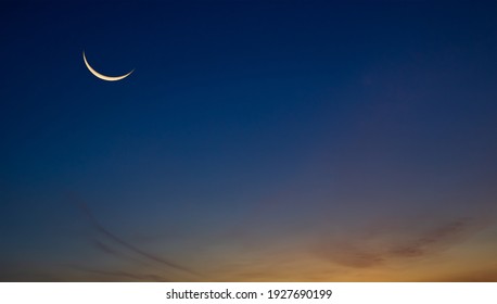Night Sky with Crescent Moon and Stars Shining, Landscape Dramatic Dark Blue, Purple and OrangeSky, Beautiful Panoramic view of Dusk Sky Twilight Natural background