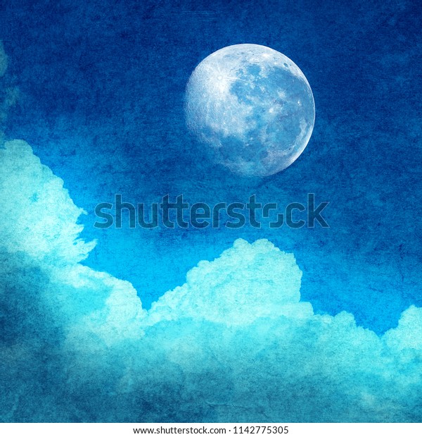 Night sky\
with full moon, blue halloween\
wallpaper