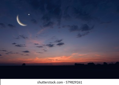Night Sky Landscape And Moon, Stars, Ramadan Kareem Celebration