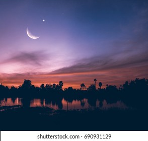 Night Sky Landscape And Moon, Stars, Ramadan Kareem Celebration