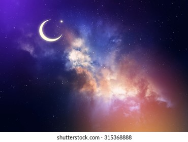 Night Sky Landscape And Moon, Stars,Ramadan Kareem Celebration.