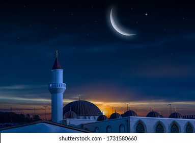 Night Sky And Moon. Mosque Against The Background Of Sunset