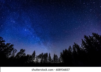 Night Sky Over Rural Landscape. Beautiful Night Starry Sky, High ISO Landscape. 