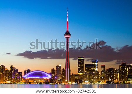 Night sky over Toronto cityscape during sunset. Taken from Center Island.