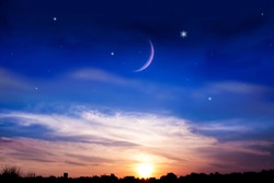 The Night Sky Over The Village .  New Moon .  Religion Background . The Sky At Night With Stars. Ramadan Background . 