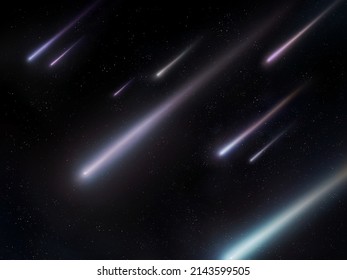 Cielo nocturno con estrellas fugaces. Hermosa lluvia de meteoritos en el cielo estrellado. Un torrente de meteoritos brillantes penetró en la atmósfera de la Tierra. 
