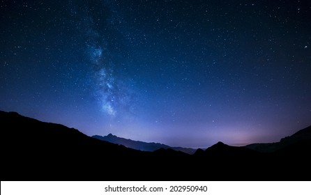 Night Sky Stars With Milky Way On Mountain Background