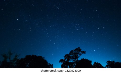 Night Sky And Stars, Timelapse Milky Way And Glow Above Tree Forest, Star And Airliner Trails.