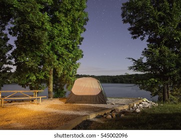 Night Sky And Tent At Land Between The Lakes National Park In Kentucky.