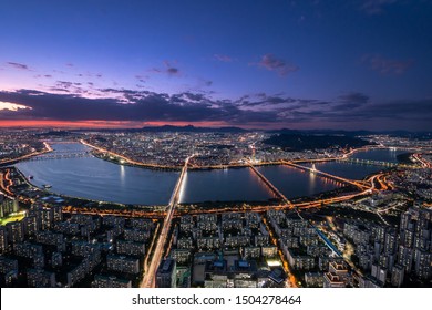 Night Sky View Of Seoul South Korea At Seoul Sky View Point Long Exposure With City Lights