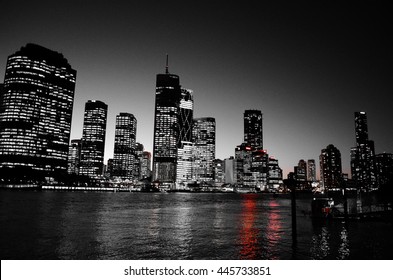 Night skyline in black and white with single red color