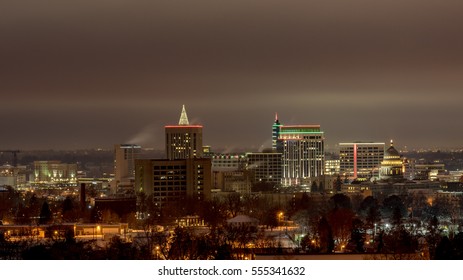 Night Skyline Of Boise Idaho In The Winter With Fog In The Background