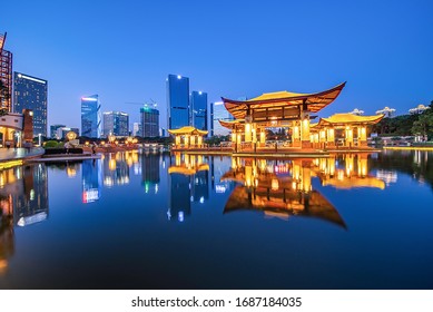 Night Skyline Of CBD Building In Nanhai District, Foshan City, Guangdong Province, China	