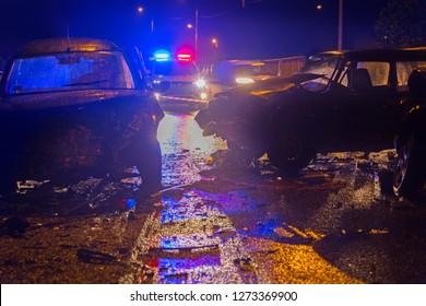 Night Slippy Road Car Accident. Car Crash In Police Light