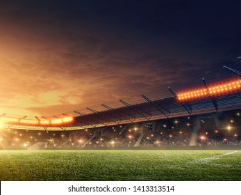 Night Soccer Stadium With Green Grass And Dramatic Sky