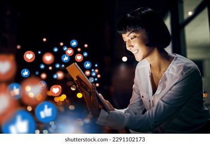 Night, social media icons or happy woman with a tablet for communication, texting or online dating. Smile, love overlay or relaxed girl typing on chat website or digital network with heart emoticons