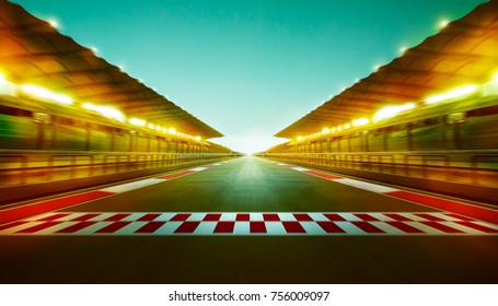 Night Speedy Motion Blur International Race Track With Starting And Finishing Line .