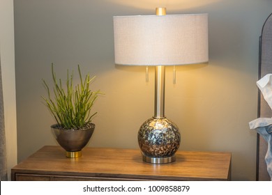 Night Stand, Lamp & Plant In Modern Bedroom