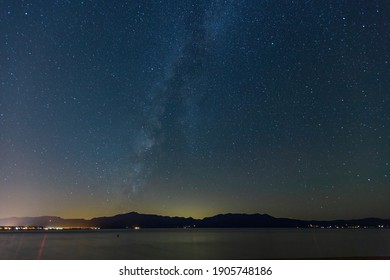 Night Starry Sky Over The Lake Tahoe Area At Nevada, USA