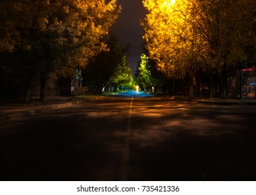 Night Street In Autumn, In Europe, Small Town, Night Lamps