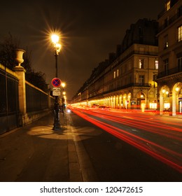 Night Street Of A Street In Paris With Light Trails