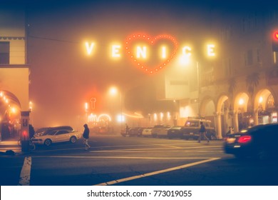 Night Street And Venice Beach Sign In Los Angeles, California