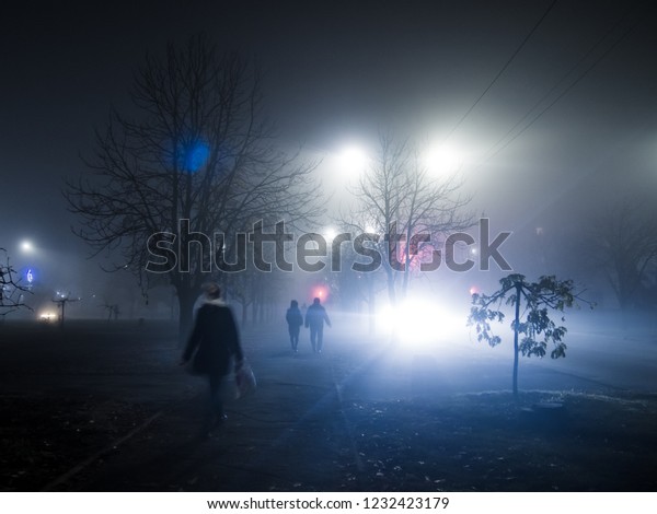 night streets in the\
fog