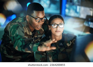 Night surveillance, army and people with a computer for communication, planning strategy or teamwork. Cyber security, data center and a black man talking to a woman about monitor in a military room - Powered by Shutterstock