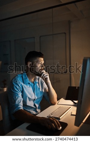 Night, thinking and man in workplace, computer for online submission and research for column. Evening, mature person and journalist with pc, deadline or email for news report and feedback for article