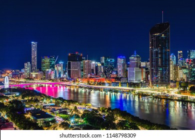 Night time areal image of Brisbane CBD and South Bank. Brisbane, Queensland, Australia.