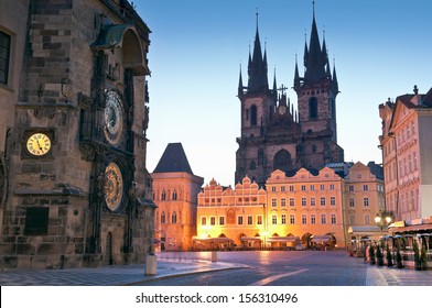 Night time illuminations of the the Old Town Hall (15th Century), Town Square and fairy tale Church of our Lady Tyn (1365) in the Magical city of Prague. Astronomical clock visible.