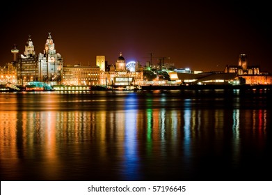 Night time Liverpool city reflections in to the Merseyside River