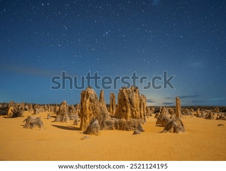 Night time at The Pinnacles limestone formations in Nambung National Park, near the town of Cervantes in Western Australia.