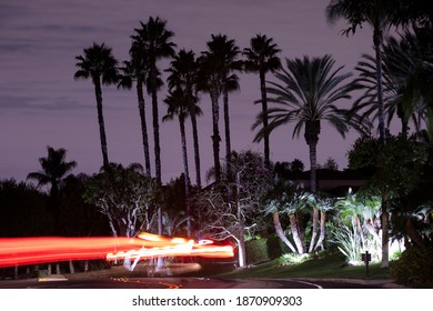 Night Time Traffic Streams Through A Tree Lined Street In Villa Park, California, USA.